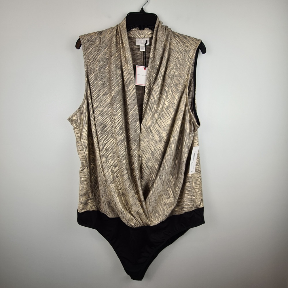 Bisou Bisou Womens 2X Gold Metallic Space Dye Drape Neck Sleeveless Bodysuit NWT